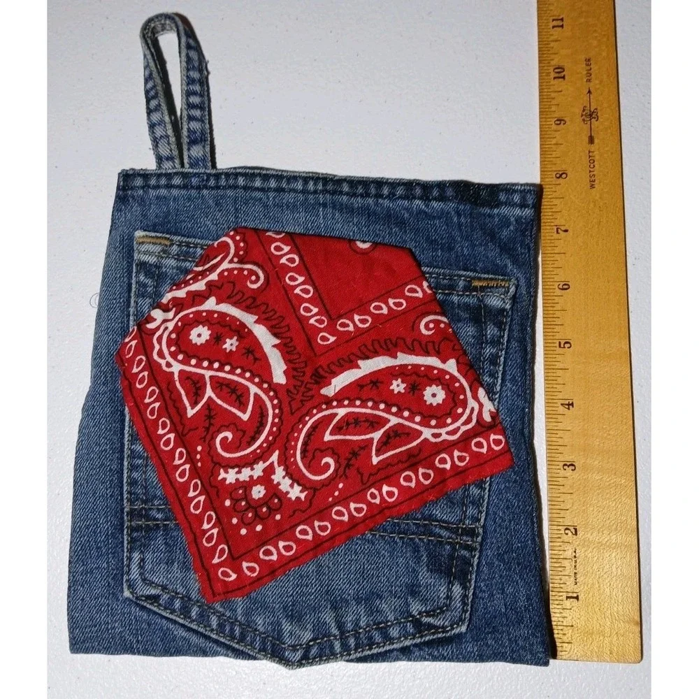 KITCHEN DENIM JEANS HOT PAD, Country LIFE RED‎ HANKERCHEIF #1259